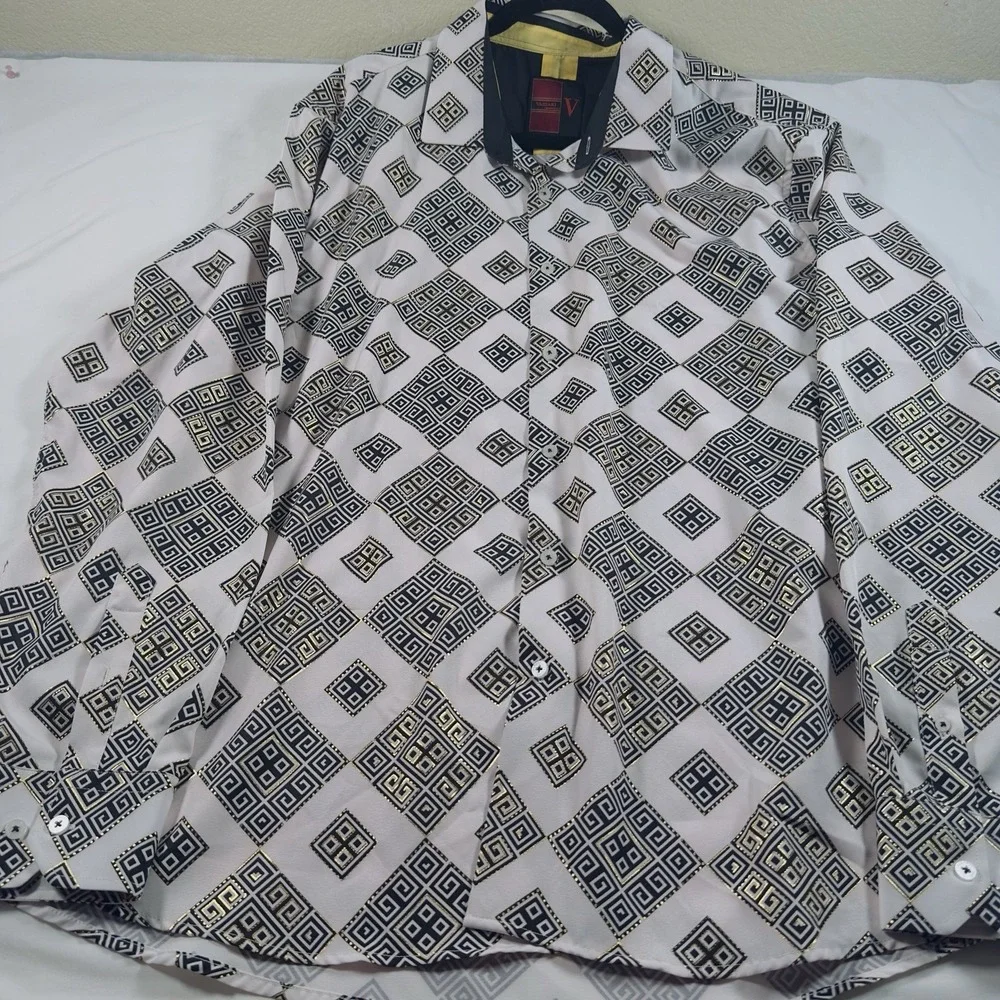 Vassari Shirt Men 3XL Button Up White Geometric Print Long Sleeve 100 Cotton
